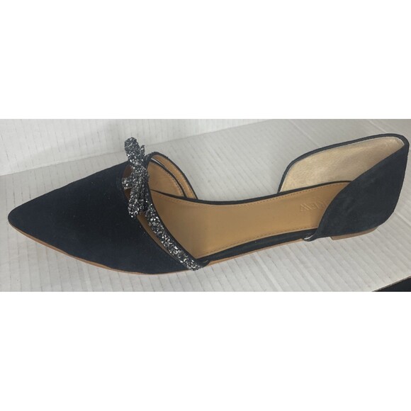J. Crew Flats 12 Black D'Orsay Suede Glitter Bow Pointed Toe Career Classy Chic - Picture 5 of 16